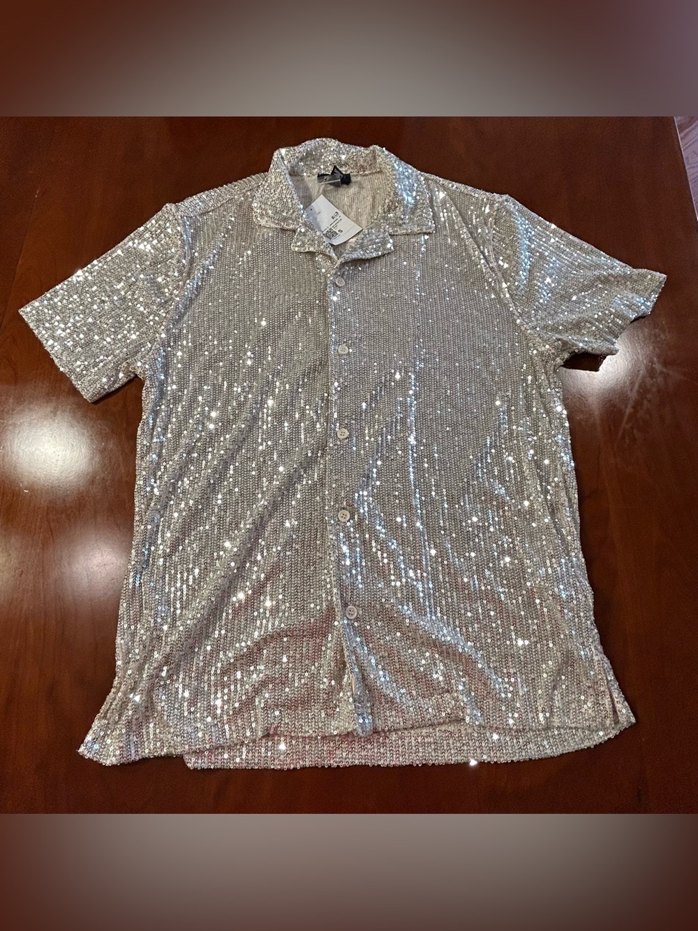 Forever 21 Sequined Silver Short-Sleeve Button-Up Shirt